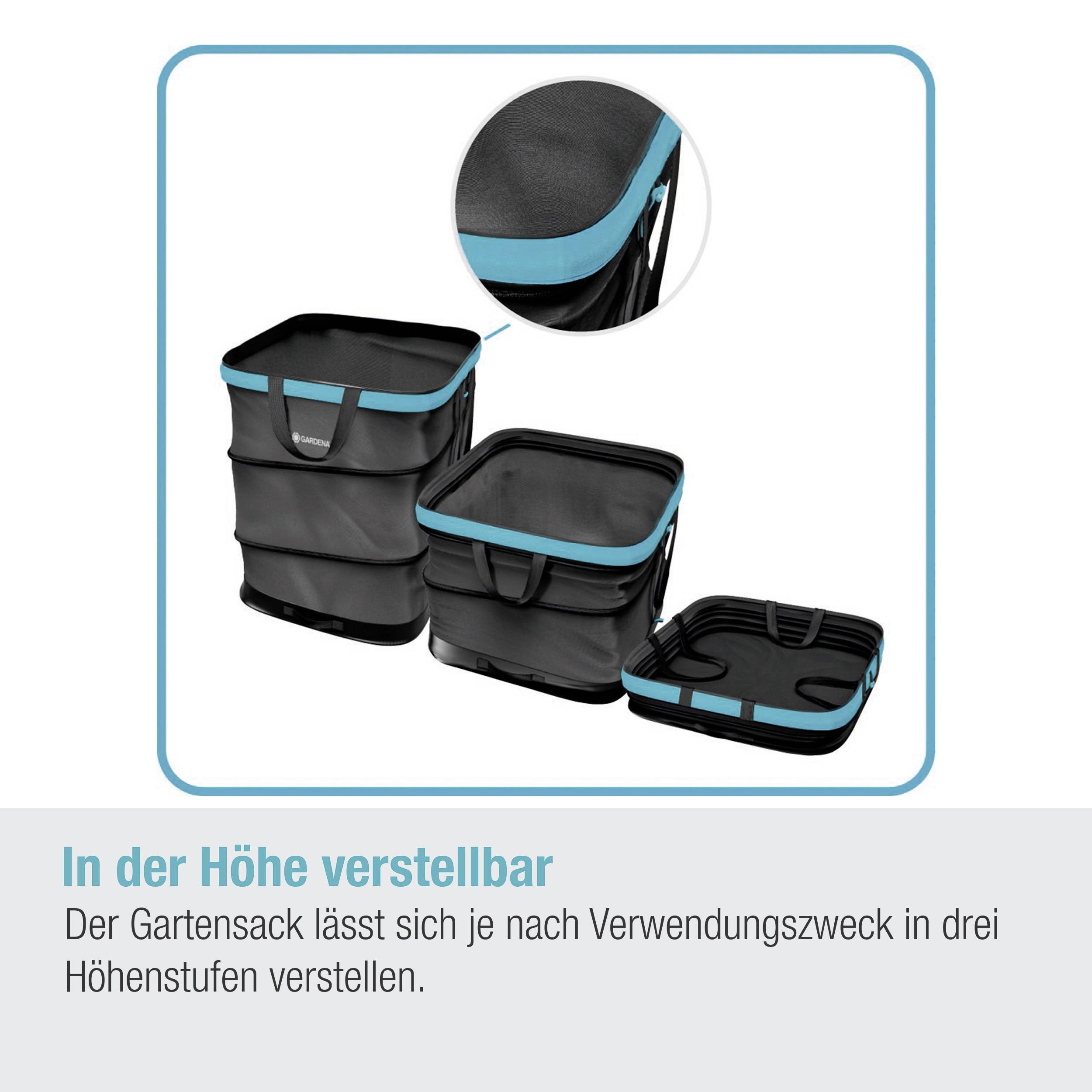 Verstellbare Gartensäcke in drei Höhenstufen. Hauptbild zeigt stapelbare Säcke, Detailbild den faltbaren Mechanismus.