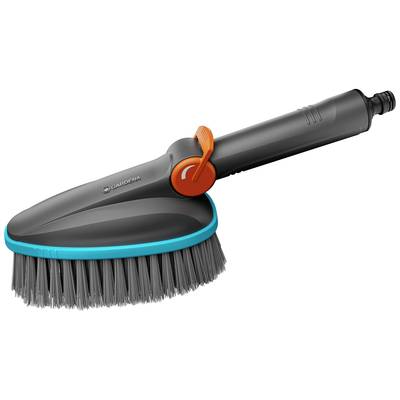 Graue Reinigungsbürste mit ergonomischem Griff und blauen Borsten, geeignet für die Reinigung von Oberflächen im Gartenbereich.