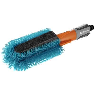 Eine orange und blaue Reinigungsbürste mit einem rechteckigen, weichen Bürstenkopf. Geeignet für Autofelgen oder Eckenreinigung.