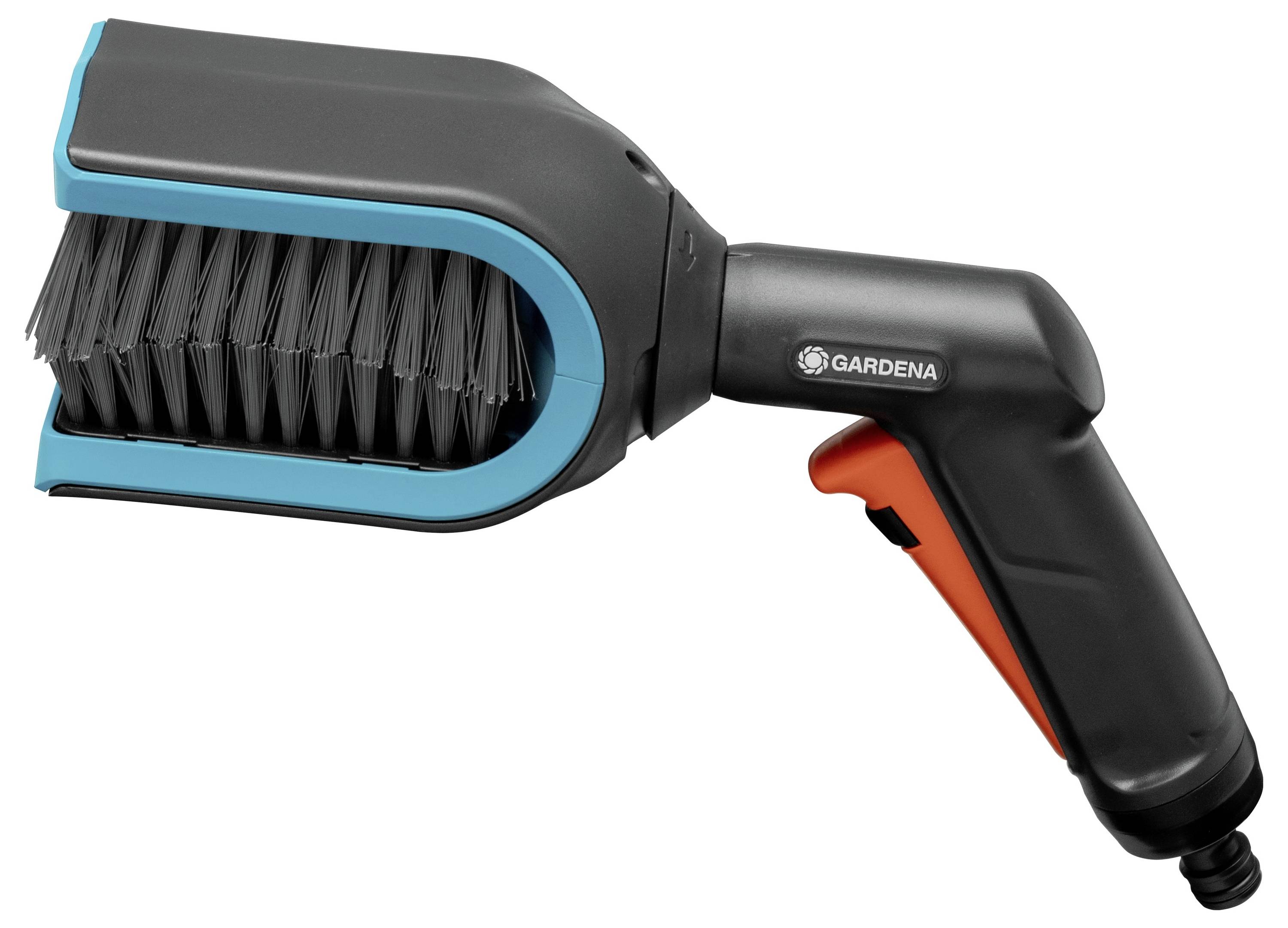 Gardena tragbare Reinigungsbürste mit schwarzen Borsten und orangefarbenem Triggerhebel für einfache Reinigungsaufgaben.