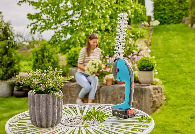 Eine Frau sitzt auf einer Steinmauer in einem Garten und hält Blumen. Im Vordergrund liegt ein kleiner elektrischer Heckenschneider auf einem Gartentisch.
