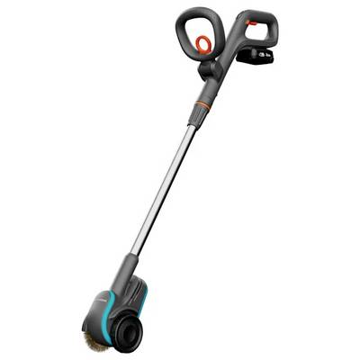Elektrischer Unkrautentferner mit ergonomischem Griff und rotierender Bürste für die effiziente Reinigung von Gehwegen.