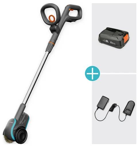 Akku-Unkrautbürste mit Teleskopstiel, abgebildet mit Akku und Ladegerät. Eignet sich zum Entfernen von Unkraut auf Gehwegen.