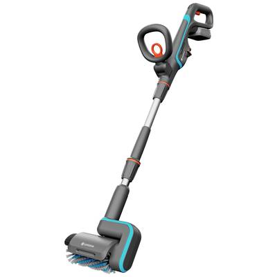 Ein kabelloses elektrisches Reinigungsgerät mit ergonomischem Griff und blauen Borsten, geeignet für verschiedene Oberflächenreinigungen.