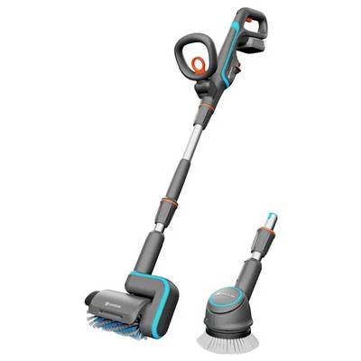 Ein handgeführter elektrischer Schrubber mit Aufsätzen zur Reinigung, abgebildet in einem grauen Design mit blauen und orangefarbenen Akzenten.
