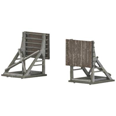 Zwei mittelalterliche Ballisten aus Holz und Metall, eine seitlich, die andere frontal, mit geraden Linien und stabiler Struktur.