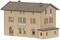 Modell eines zweistöckigen Bahnhofsgebäudes mit der Aufschrift 'Jagstzell' auf zwei Schildern an der Fassade.