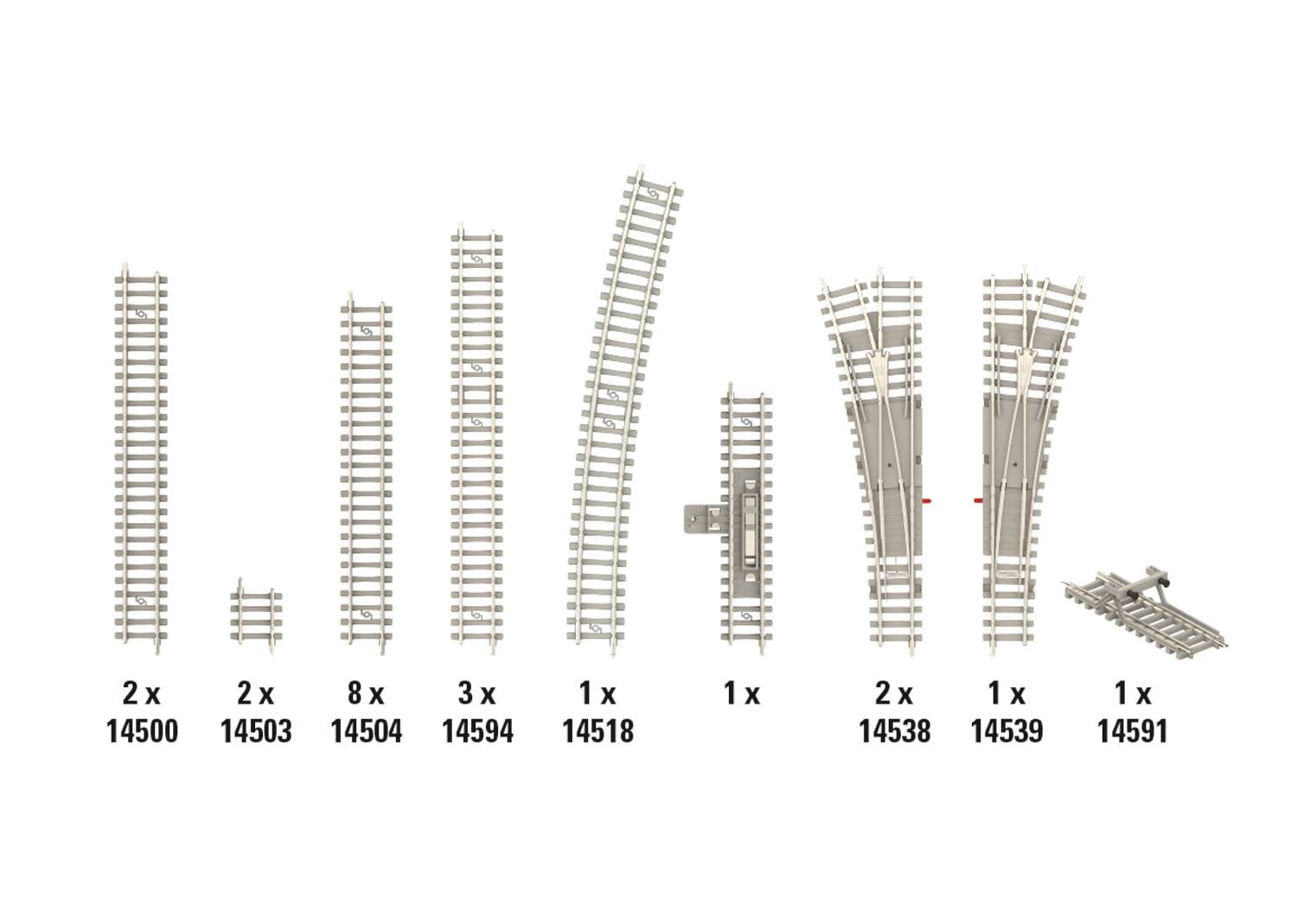 Verschiedene Modelleisenbahnschienen sind angeordnet. Darunter stehen die Stückzahlen und Modellnummern von links nach rechts.