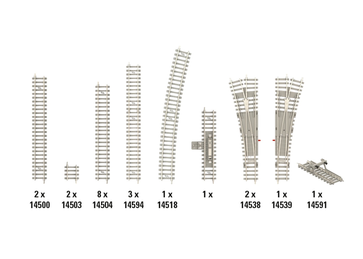Verschiedene Modelleisenbahnschienen sind angeordnet. Darunter stehen die Stückzahlen und Modellnummern von links nach rechts.