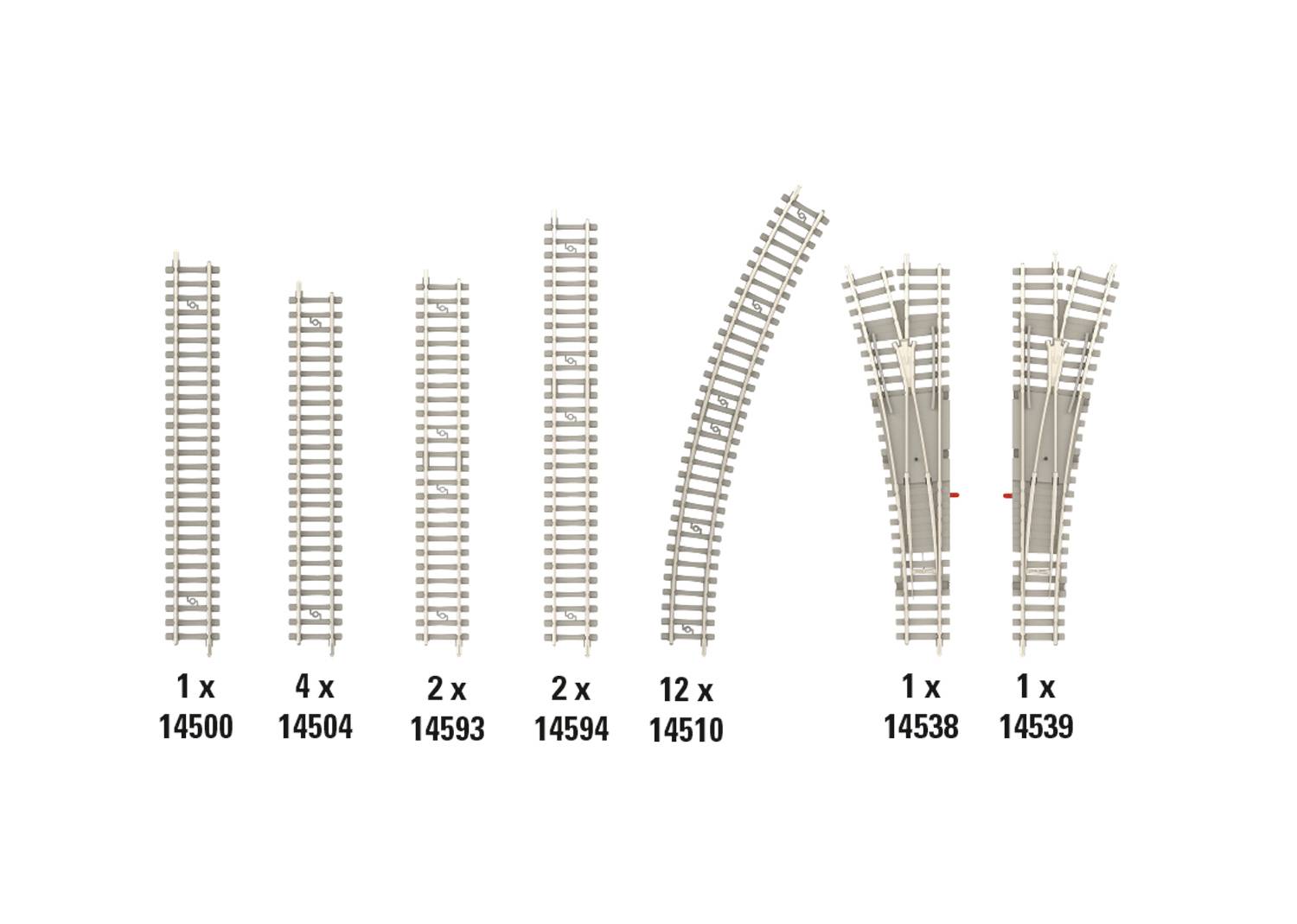 Verschiedene Modellbahngleisstücke, sechs Typen mit Artikelnummern: 14500, 14504, 14593, 14594, 14510, 14538, 14539.