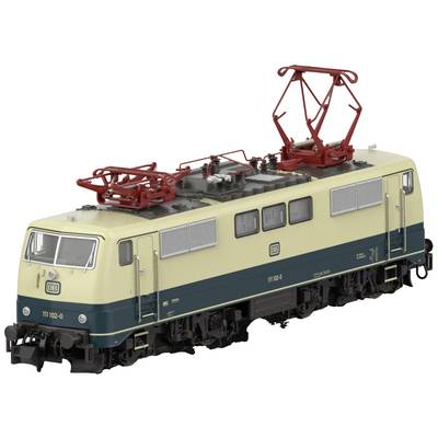 Lokomotive der DB mit beige-blauer Lackierung und roten Stromabnehmern, Modellnummer 111 102-0, seitliche Ansicht.