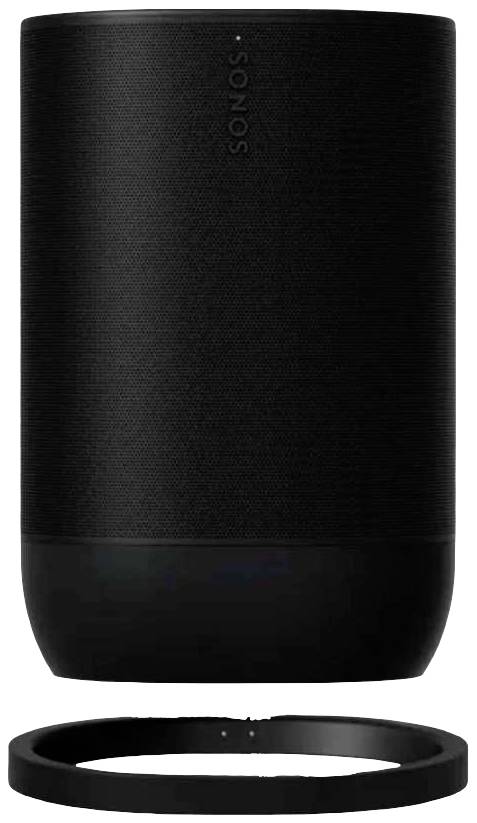 Schwarzer Lautsprecher mit zylindrischem Design und abnehmbarem Standfuß, geeignet für kabellosen Musikgenuss zu Hause.