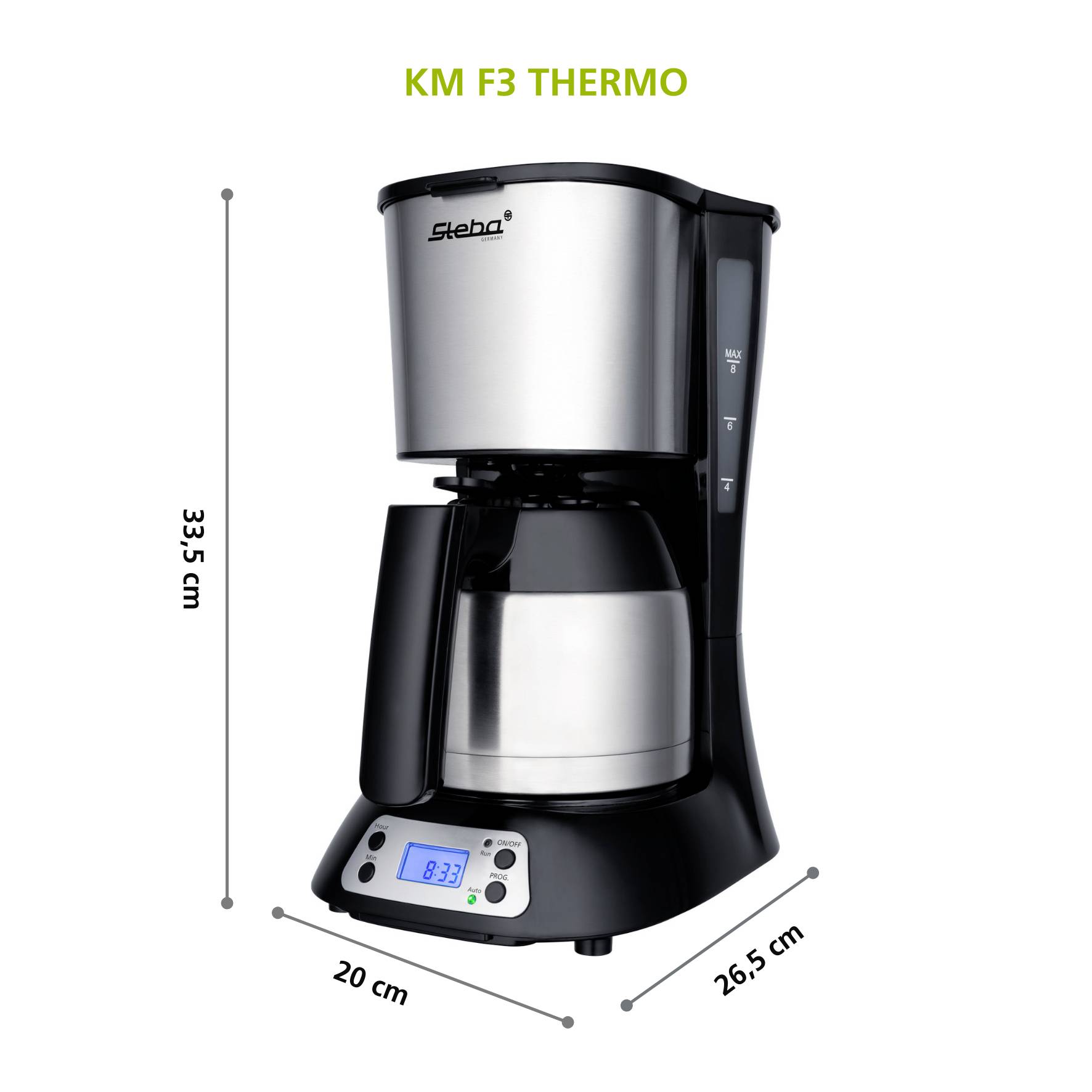 Kaffeemaschine mit Thermoskanne und Digitalanzeige, Maße: 33,5 cm hoch, 20 cm breit, 26,5 cm tief, Marke beschrieben oben.