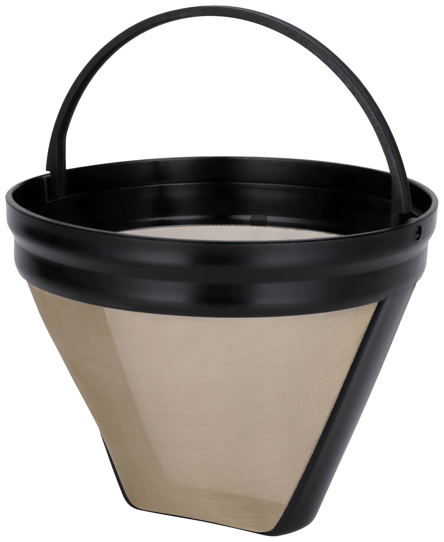 Wiederverwendbarer Kaffeefilter, schwarz mit feinmaschigem Netz, Tragegriff oben. Geeignet für Kaffeemaschinen ohne Einwegfilter.