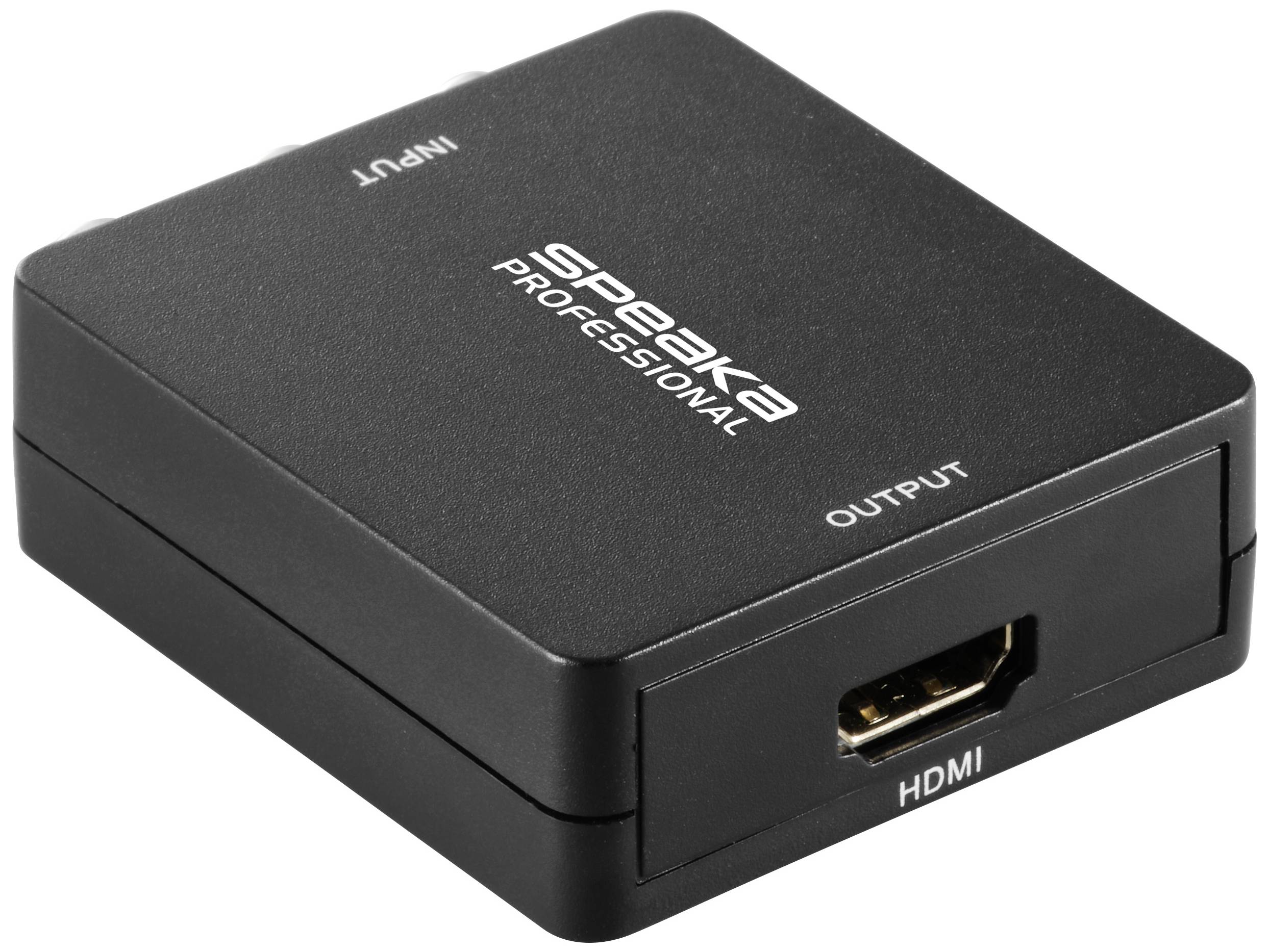 Schwarzer HDMI-Adapter mit Beschriftungen 'Input' und 'Output'.