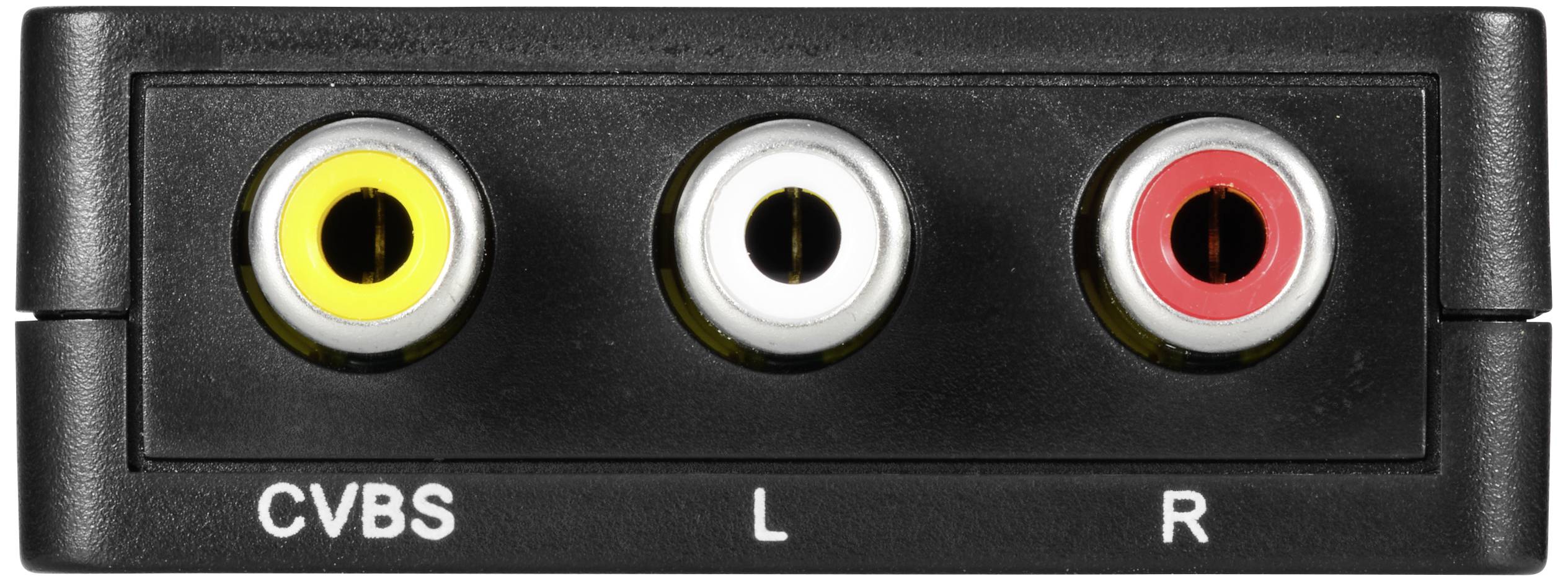 'Eine schwarze Anschlussbox mit drei farbigen Buchsen: gelb, weiß und rot, beschriftet mit CVBS, L und R für Audio- und Videoverbindungen.'