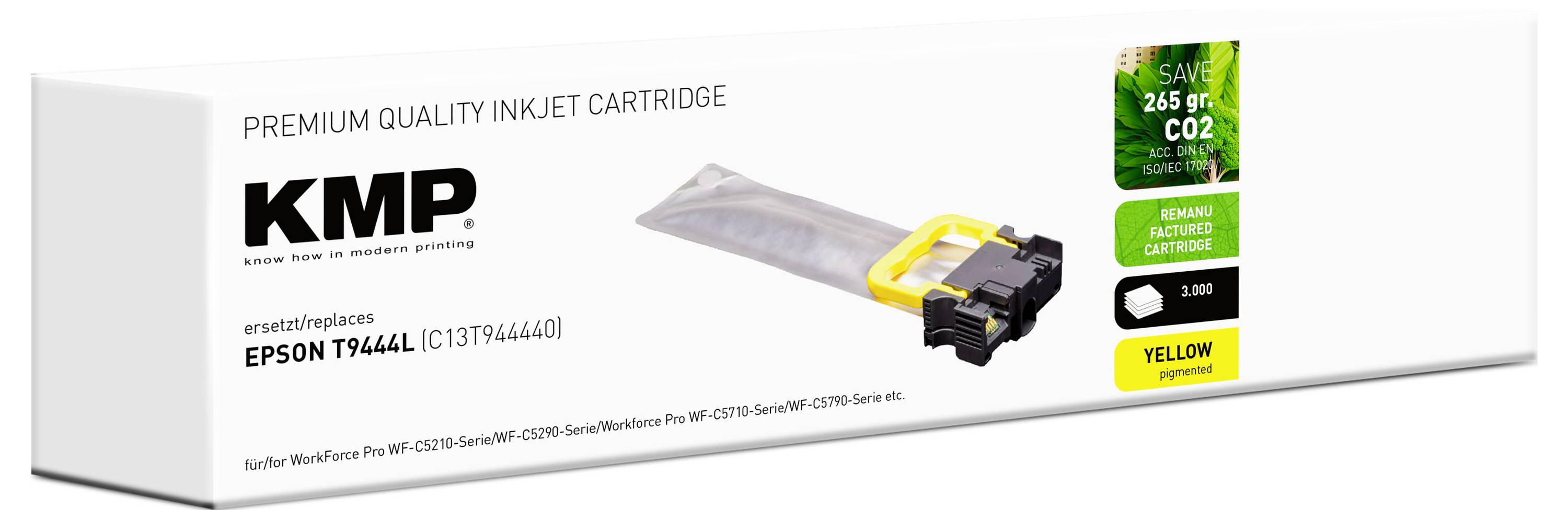 KMP Tintenpatrone für Epson T9444XL, gelb. Merkmale umfassen 'Reduziert 265g CO2', 'Alternative Pigmenttinte' und eine Seitenausbeute von 3.800 Seiten.