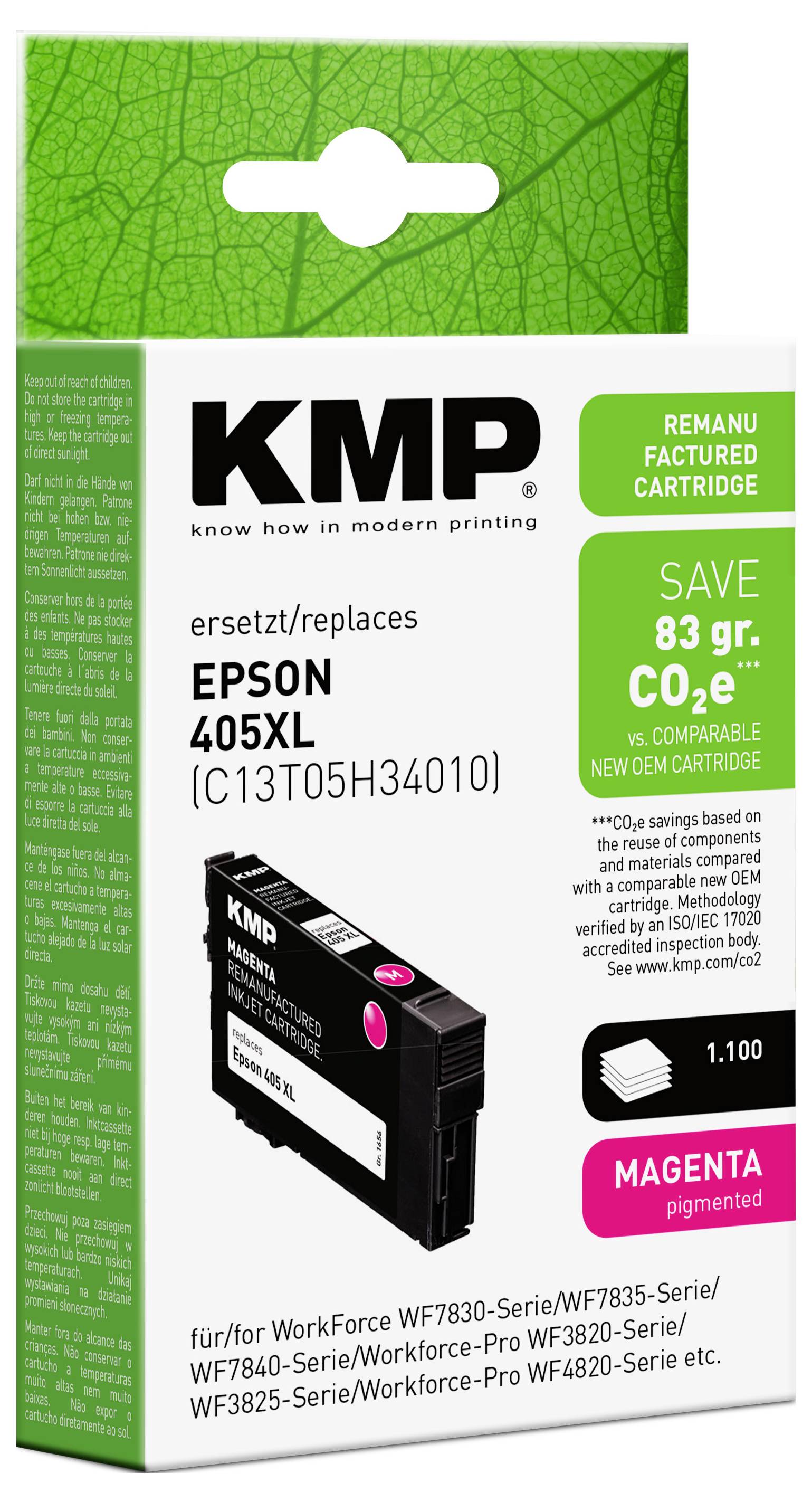 KMP überarbeitete Epson 405XL schwarze Tintenpatrone Verpackung, gekennzeichnet für WorkForce und WorkForce Pro Drucker, mit Einsparungs- und CO2-Reduktionsansprüchen.