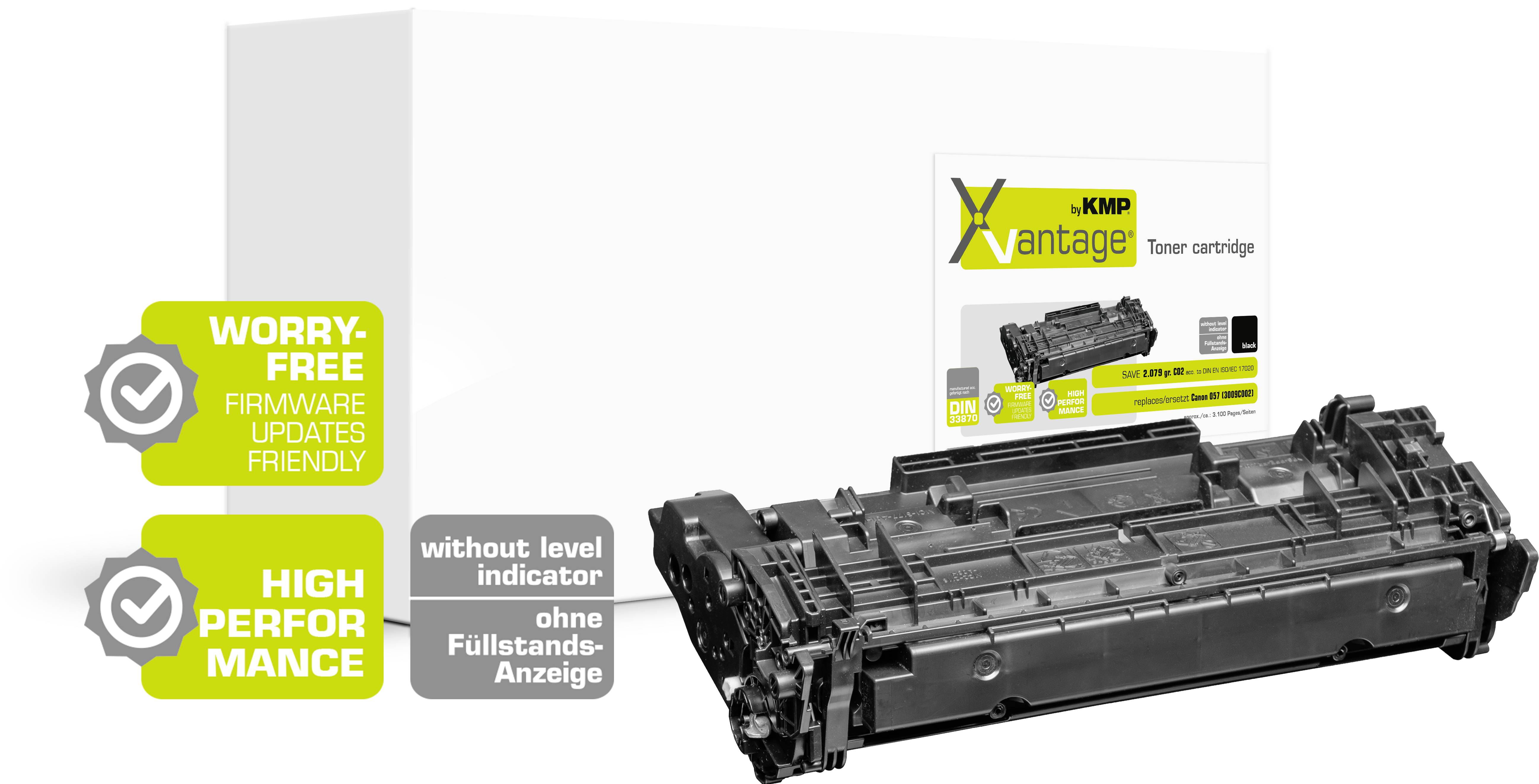 Werbegrafik einer Tonerpatrone mit Karton, beschriftet mit „SORGENFREI-FIRMWARE-UPDATES FREUNDLICH" und „HOHE LEISTUNG", sowie ein Hinweis „ohne Füllstands-Anzeige" / „ohne Füllstands-Anzeige".