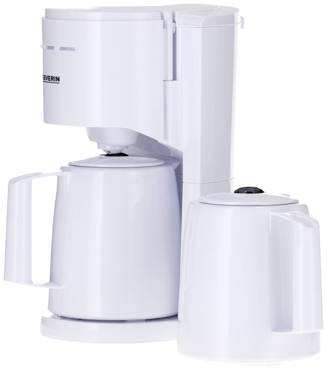 Weißer Kaffeeautomat mit zwei Kannen. Elegant und funktional, ideal für große Haushalte oder Büros.