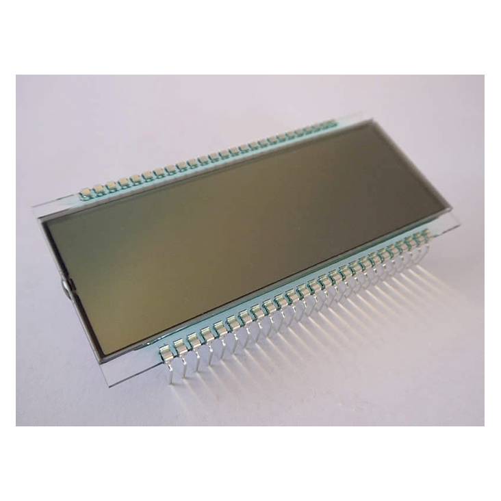 Eine rechteckige LCD-Anzeige mit zahlreichen Anschlusspins an den Seiten, die für elektronische Projekte verwendet wird.