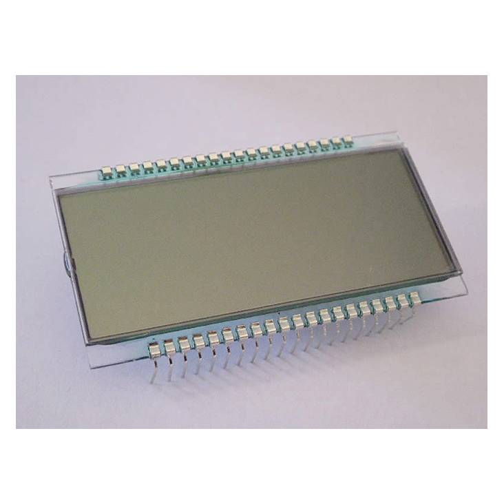 Ein rechteckiges LCD-Display mit mehreren Anschlüssen an der Ober- und Unterseite, vor einem weißen Hintergrund platziert.