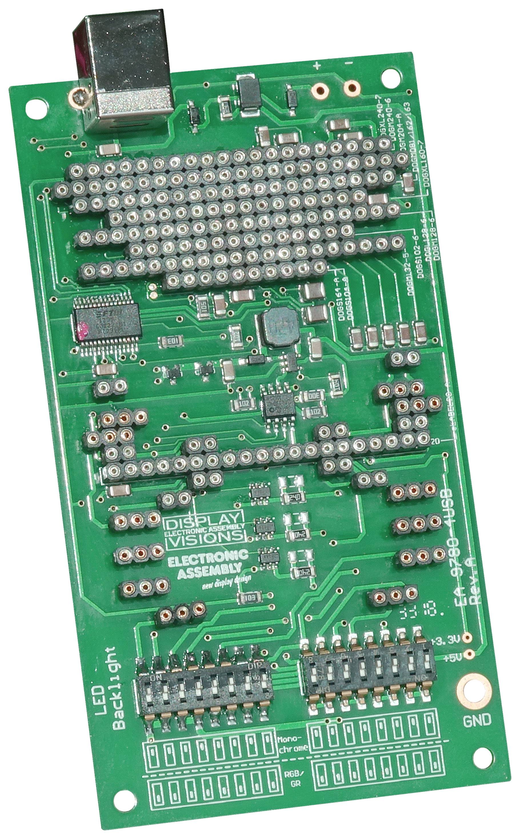 Eine grüne elektronische Leiterplatte mit verschiedenen Bauteilen, Steckplätzen und Anschlüssen für die Steuerung von LCD-Hintergrundbeleuchtung.