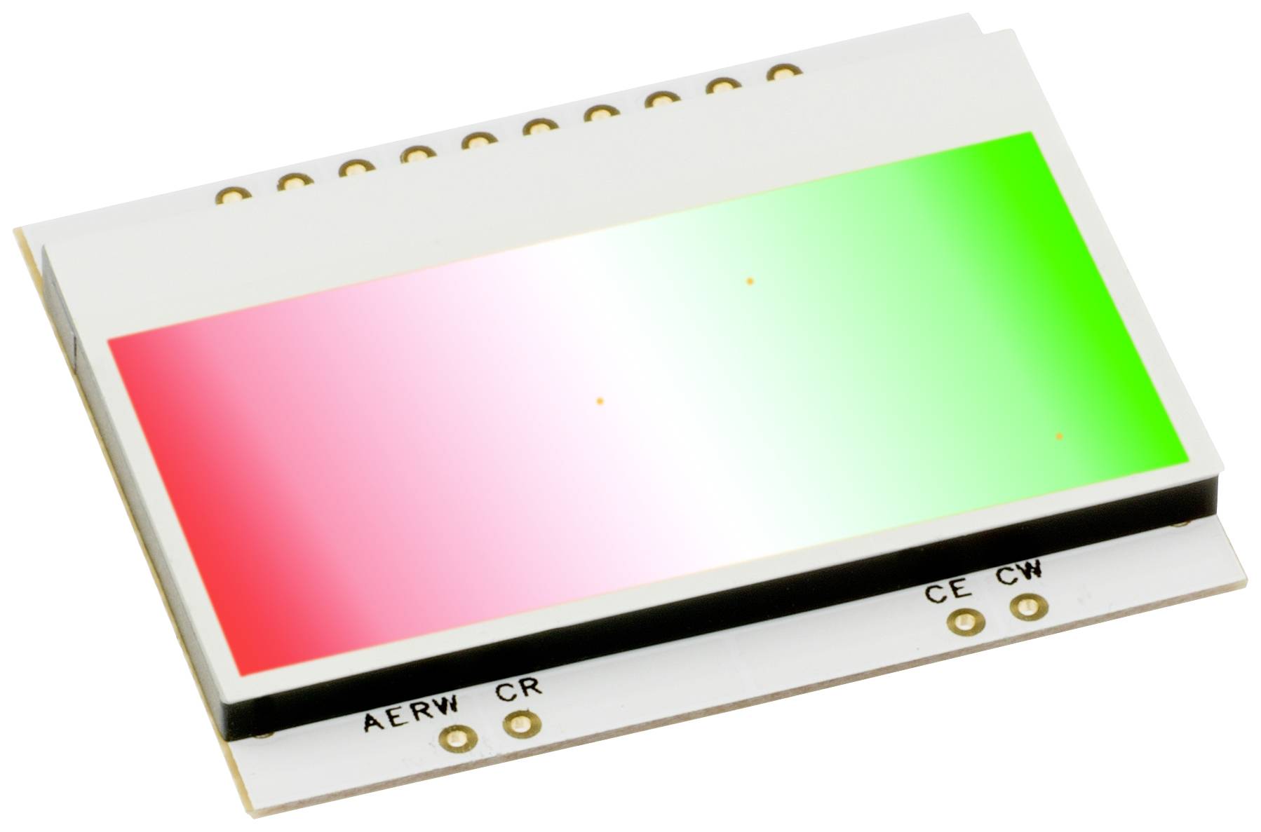 Ein rechteckiger elektronischer Bauteil mit Farbverlauf von Rot zu Grün auf der Oberseite, umgeben von goldfarbenen Kontakten.