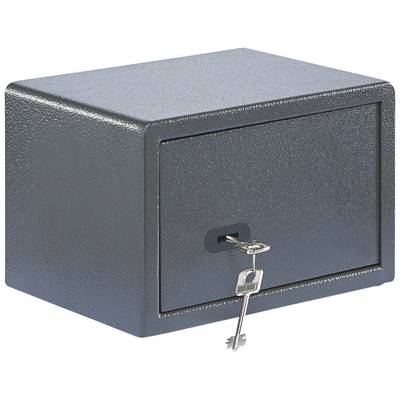 Grauer Tresor mit geschlossener Tür, in der ein Schlüssel steckt. Der Tresor hat eine robuste, strukturierte Oberfläche.