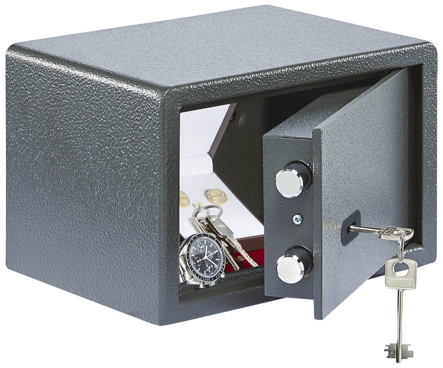 Ein geöffneter Tresor zeigt einen silbernen Schlüssel, eine Uhr und goldene Ringe im Inneren. Der Tresor ist metallisch und dunkelgrau.
