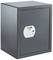 Grauer Safe mit digitalem Zahlenschloss auf der Vorderseite, daneben ein kleiner runder Drehknopf.