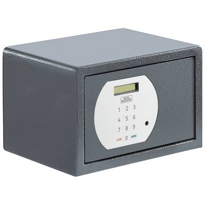Grauer Tresor mit elektronischem Zahlenschloss auf der Vorderseite. Tastenfeld enthält Zahlen 0 bis 9, sowie die Tasten 'Close' und 'Enter'.