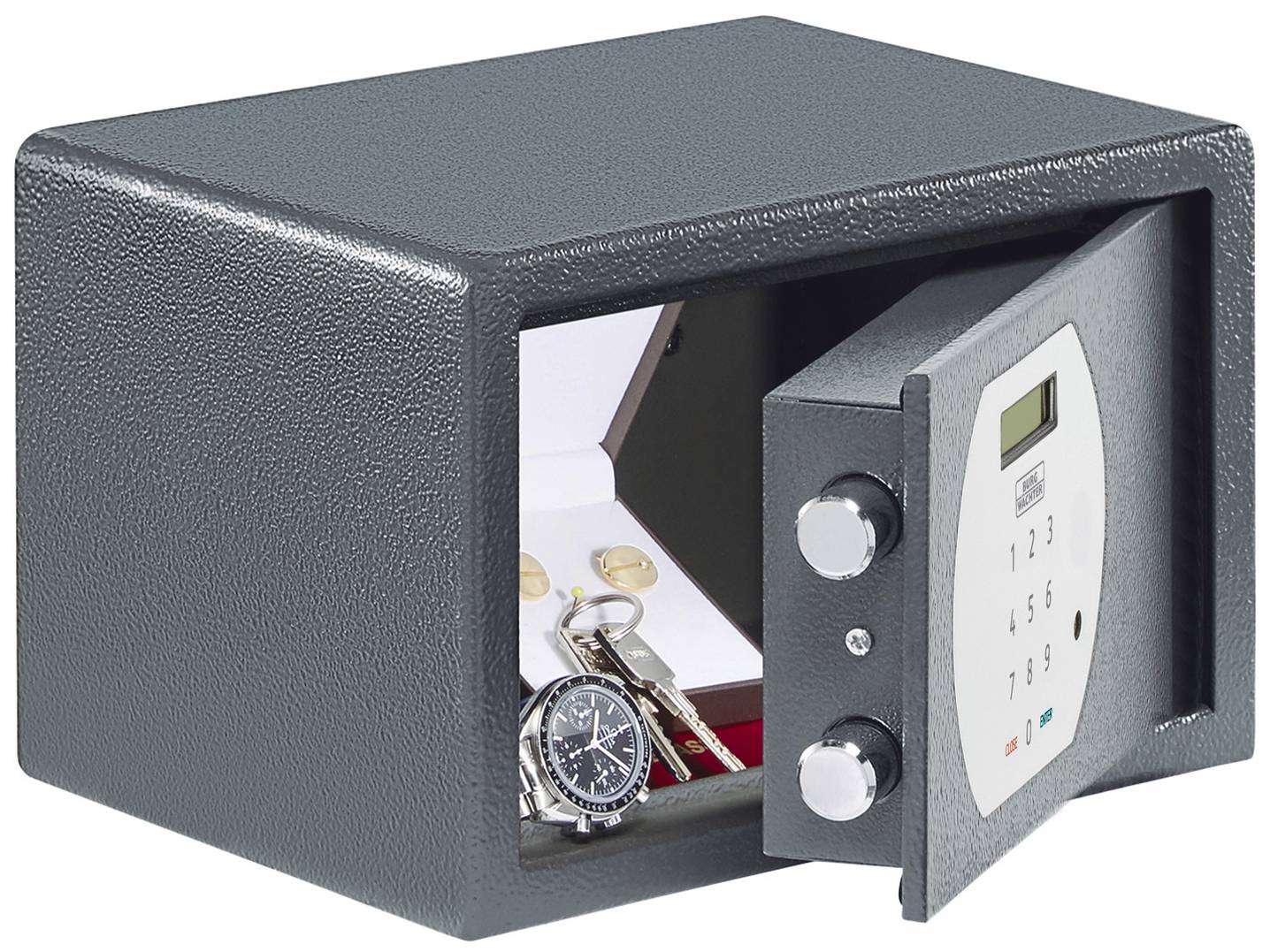 Grau bleibender Safe, leicht geöffnet, enthält eine Uhr, Schlüssel und Schmuck in einer weißen Schatulle.