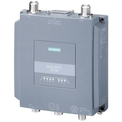 Graues Siemens Scalance W700 Gerät mit mehreren Anschlüssen. Es handelt sich um ein drahtloses Netzwerkgerät für industrielle Anwendungen.