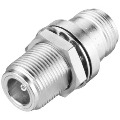 Ein silberner Koaxialkabeladapter mit männlichem Verbinder auf der einen und weiblichem Verbinder auf der anderen Seite, geeignet für Kabelanschlüsse.