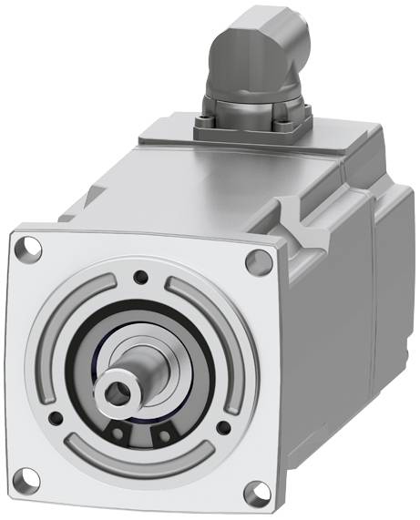 Ein silberner Elektromotor mit rechteckigem Gehäuse und abgerundeten Ecken, zeigt vorne eine Drehwelle und einen Stecker oben.