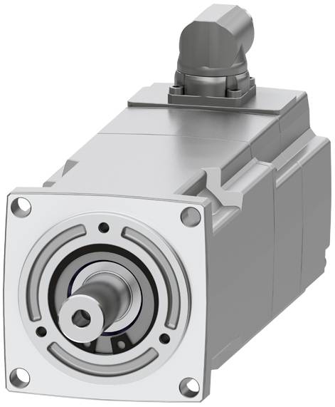 Ein metallischer Elektromotor mit quadratischer Frontplatte und zylindrischem Schaft zeigt technische Details und Anschlüsse oben.