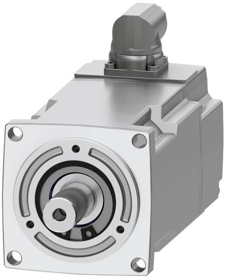 Ein silberner Elektromotor mit quadratischer Basis und Wellenanschluss. Oberhalb befindet sich ein abgewinkelter Steckverbinder.