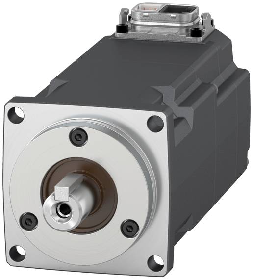 Servomotor mit quadratischer Front, zentraler rotierender Welle und Steckverbindung oben, verwendet in industriellen Anwendungen.