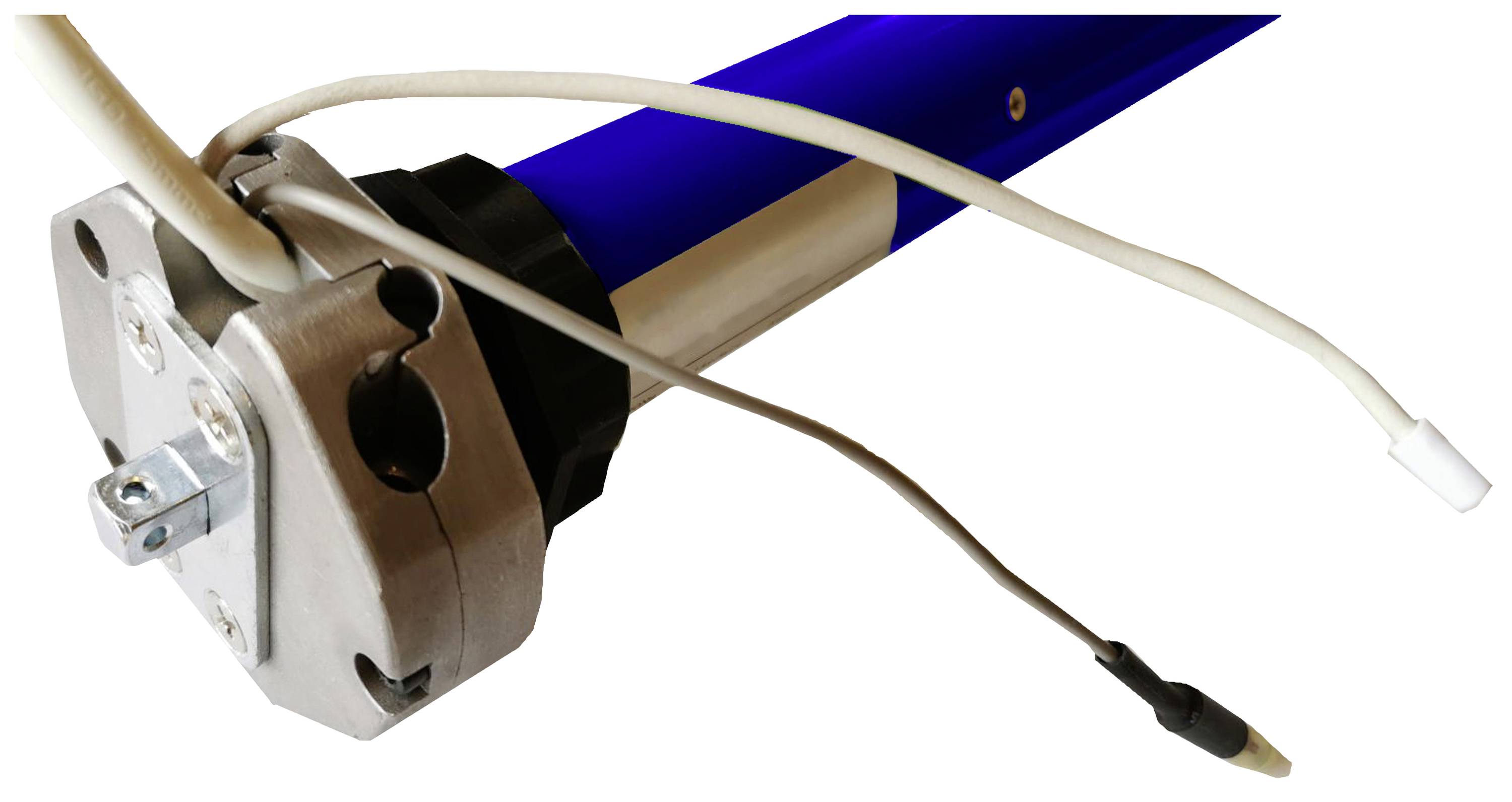 Blauer Rohrmotor mit Metallkopf und zwei befestigten Kabeln für den elektrischen Anschluss.