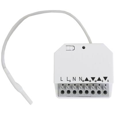 Ein weißes elektronisches Modul mit sieben Anschlussklemmen, beschriftet mit 'L', 'N', 'M', 'S', und einem schmalen Kabel oben.