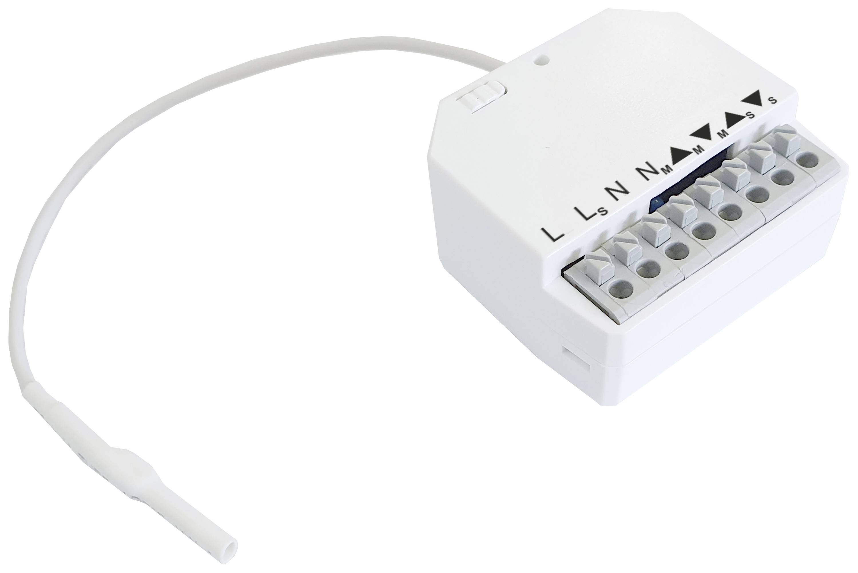 Ein weißes elektrisches Schaltmodul mit mehreren Anschlussklemmen und einem Kabel. Es hat Beschriftungen für Verdrahtung.<br><br>
