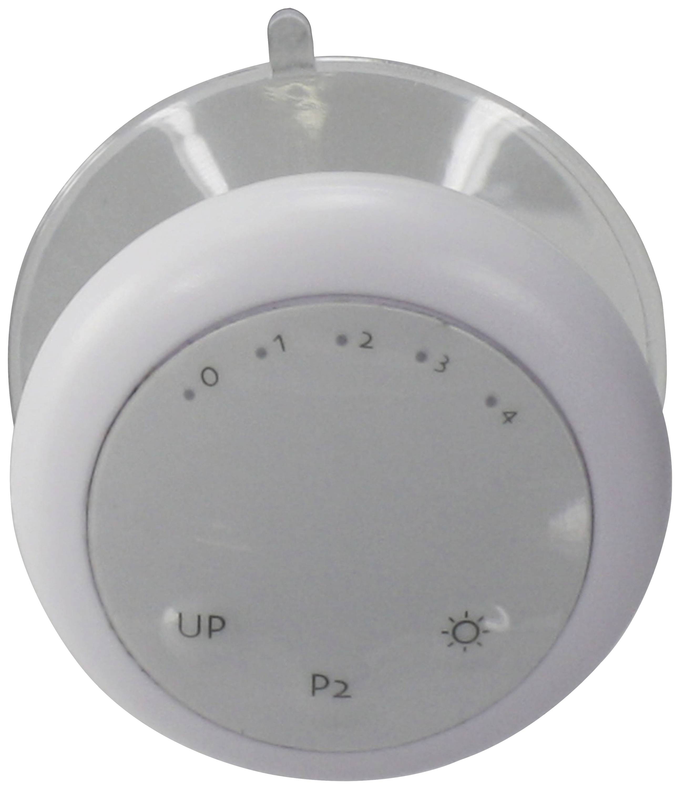 Ein weißer Drehknopf mit Zahlen von 0 bis 4, 'UP', 'P2' und einem Sonnensymbol, vermutlich zur Steuerung eines Geräts.