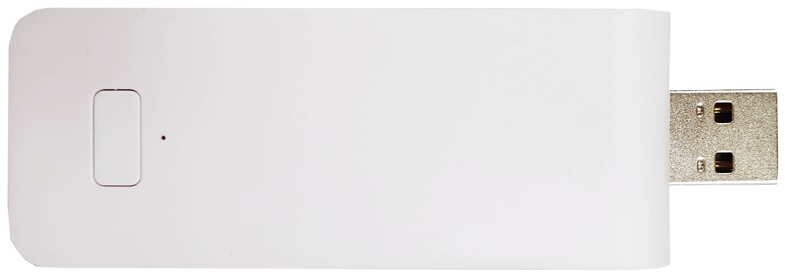 Ein weißer USB-WLAN-Adapter mit rechteckiger Form und einem kleinen LED-Indikator auf der Vorderseite.