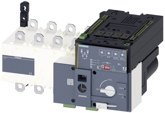 Ein elektrisches Schaltgerät von Siemens mit mehreren Anschlüssen, Hebel und Anzeigeflächen. Anwendungen: Kontrolle und Schutz.