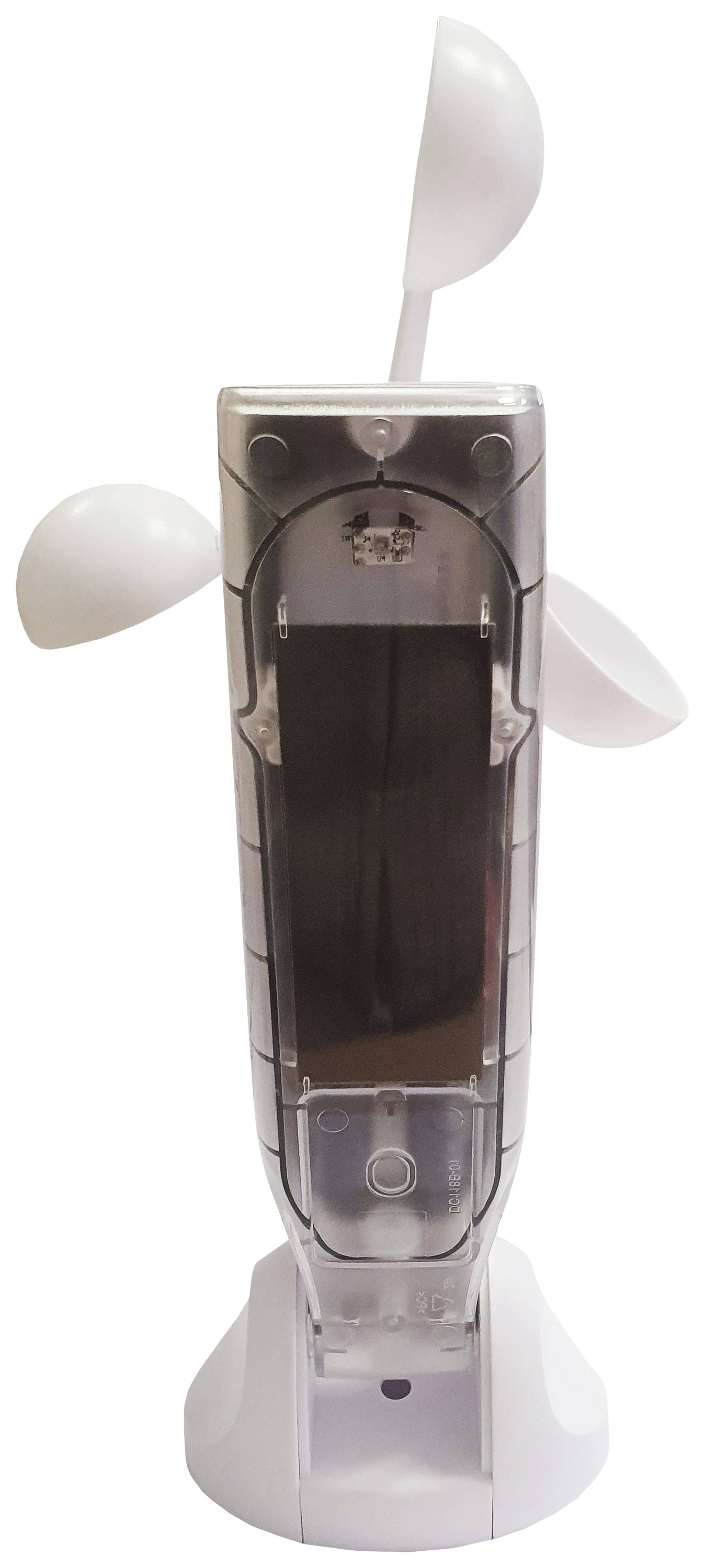 Ein weißes, vertikales Haushaltsgerät mit Klappteilen oben und seitlich, möglicherweise ein Ventilator oder Luftreiniger.