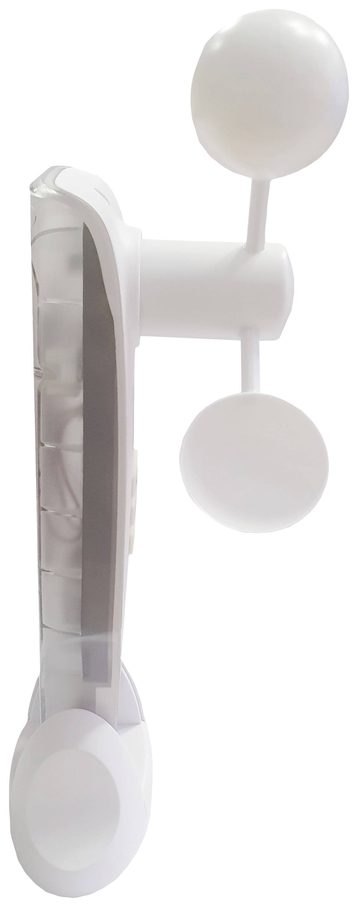 Ein weißer Anemometer zur Messung von Windgeschwindigkeit und -richtung, mit drei halbkugelförmigen Schalen an einem Rotor.