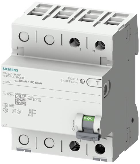 Schaltergerät mit Schaltern und Anschlüssen, gekennzeichnet mit 'Siemens'. Enthält technische Informationen und Symbole für elektrische Spezifikationen.