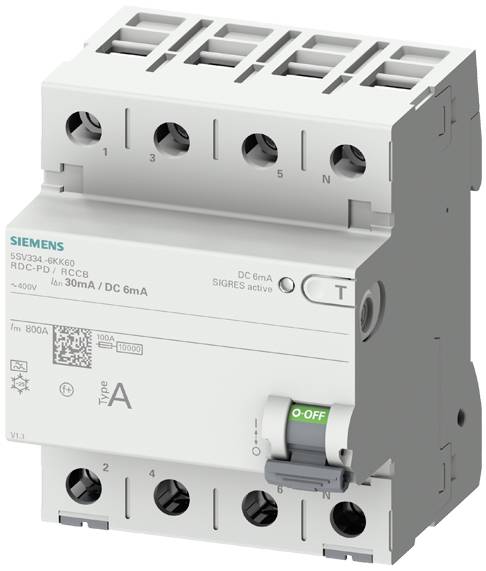Elektrischer Leitungsschutzschalter von Siemens, Typ A, für Gleich- und Wechselstromschutz. 4-polig mit grünem 'OFF'-Hebel.