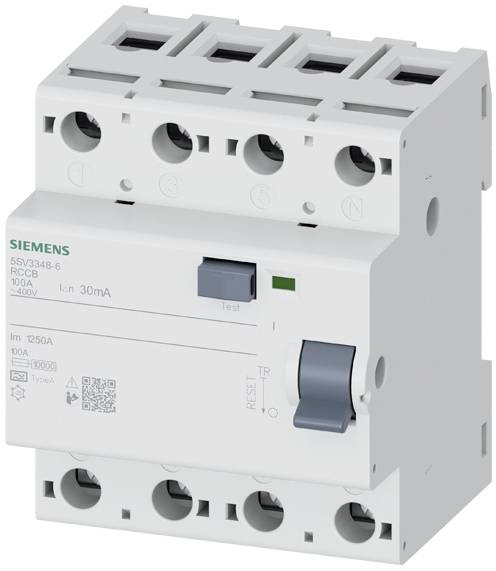 'Ein weißer elektrischer Leistungsschutzschalter von Siemens, Modell RCCB, mit Schalter und Testknopf. Geeignet für 10A, 400V.'